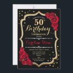 50th Birthday - Gold Black Red Roses Invitation<br><div class="desc">50th birthday celebration invitation in gold,  black and red. Elegant black design with faux glitter gold and red roses. Perfect for a stylish birthday party. Personalize with your own details. Can be customized into any age. Printed Zazzle invitations or instant download digital printable template.</div>