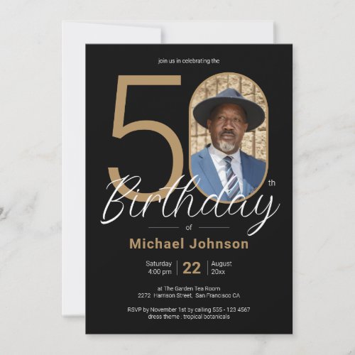 50th Birthday Gold Black Simple Chic Custom Photo Invitation