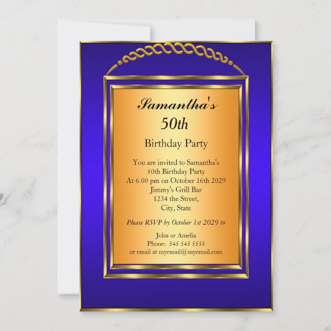 50th Birthday Gold Blue Elegant Modern Invitation (Front)