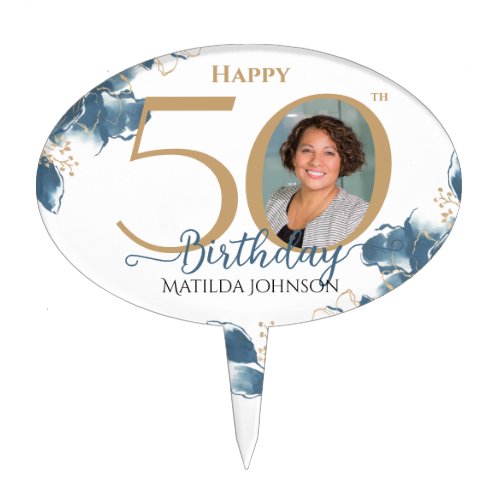 50th Birthday Gold Blue Floral Custom Photo Chic Cake Topper