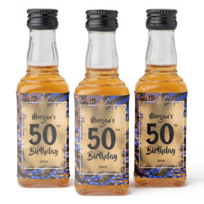 50th Birthday Gold Blue Leopard Print Mini Liquor Bottle Label