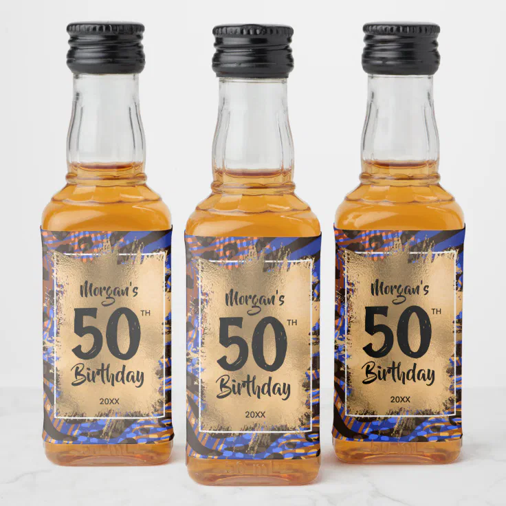 50th Birthday Gold Blue Leopard Print Mini Liquor Bottle Label | Zazzle