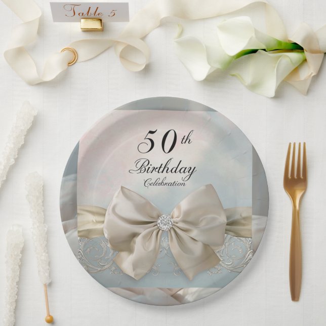 50th Birthday Gold Bow Elegant Floral Swirls Paper Plates (Wedding)