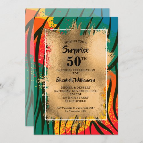 50th Birthday Gold Colorful Zebra Invitation