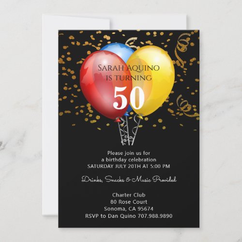 50th Birthday Gold Confetti  Balloons On Black Invitation