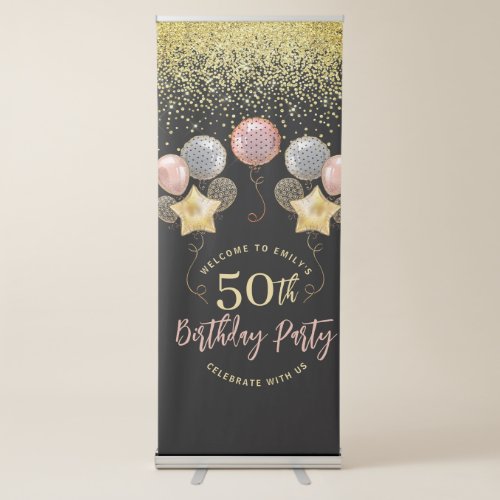 50th Birthday Gold Confetti Balloons Welcome Retractable Banner