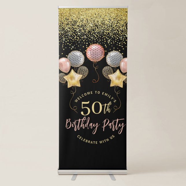 50th Birthday Gold Confetti Balloons Welcome Retractable Banner (Front)