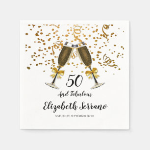 50th Birthday Gold Confetti Champagne Glasses Napkins