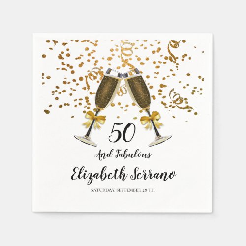 50th Birthday Gold Confetti Champagne Glasses Napkins