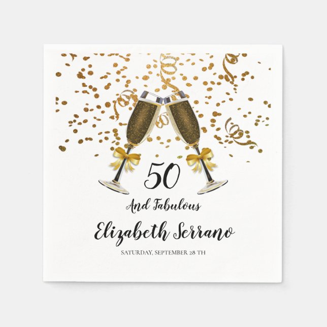 50th Birthday Gold Confetti Champagne Glasses Napkins (Front)
