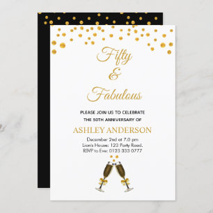50th Birthday gold confetti on black & white Invitation