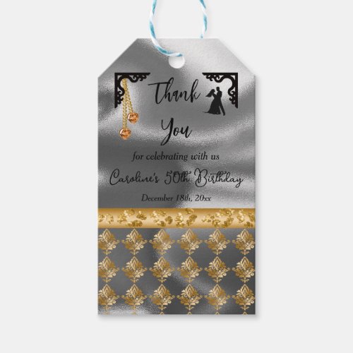 50th Birthday Gold Damask Orange Heart Silver Foil Gift Tags