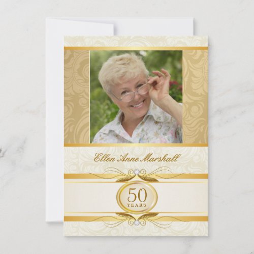 50th Birthday - Gold Damask Photo Invitation