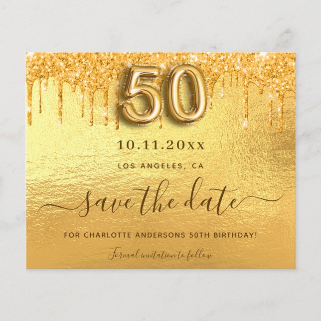 50th birthday gold drips save the date card (Front)