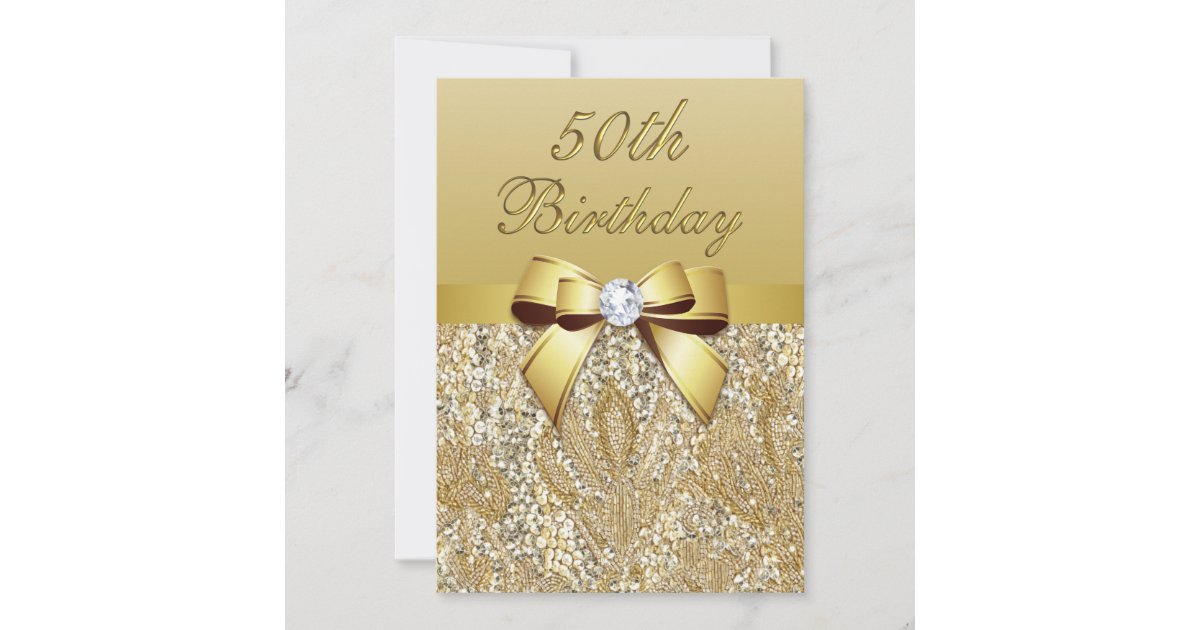 50th Birthday Gold Faux Sequins and Bow Invitation | Zazzle