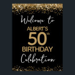 50th Birthday Gold Glitter and Black Welcome Poster<br><div class="desc">Elegant Faux gold glitter with shimmering confetti highlights on the top and bottom border. All text is adjustable and easy to change for your own party needs. Great elegant 50th birthday template design.</div>