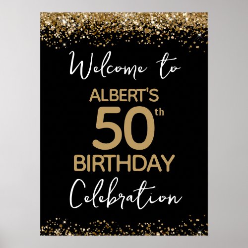 50th Birthday Gold Glitter and Black Welcome Poster