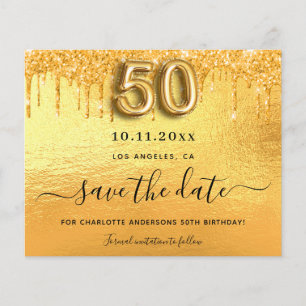 50th birthday gold glitter budget save the date flyer