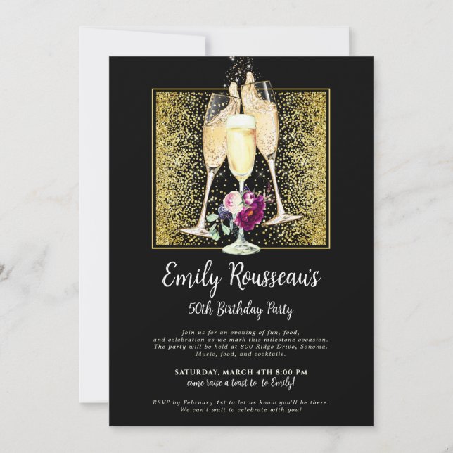50th Birthday Gold Glitter Champagne Black  Invitation (Front)