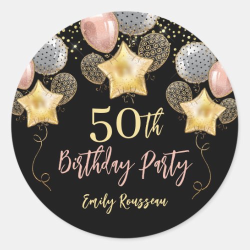 50th Birthday Gold Glitter Confetti Balloons Black Classic Round Sticker