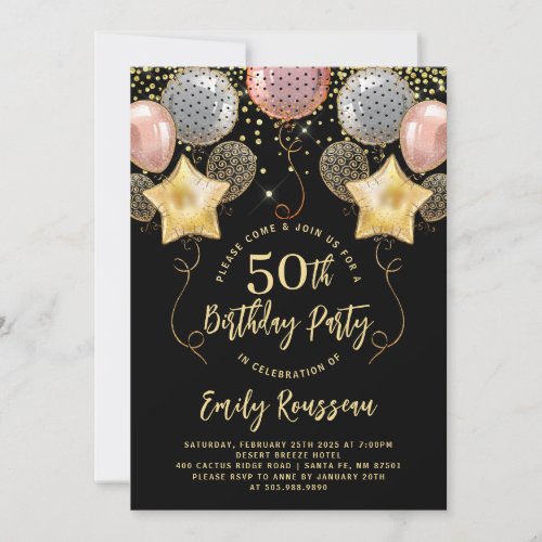 50th Birthday Gold Glitter Confetti Balloons Black Invitation