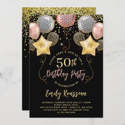 50th Birthday Gold Glitter Confetti Balloons Black Invitation | Zazzle