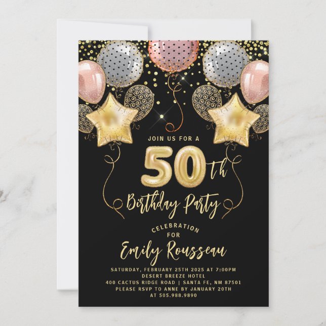 50th Birthday Gold Glitter Confetti Balloons Black Invitation (Front)