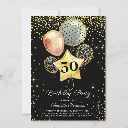 50th Birthday Gold Glitter Confetti Black Invitation