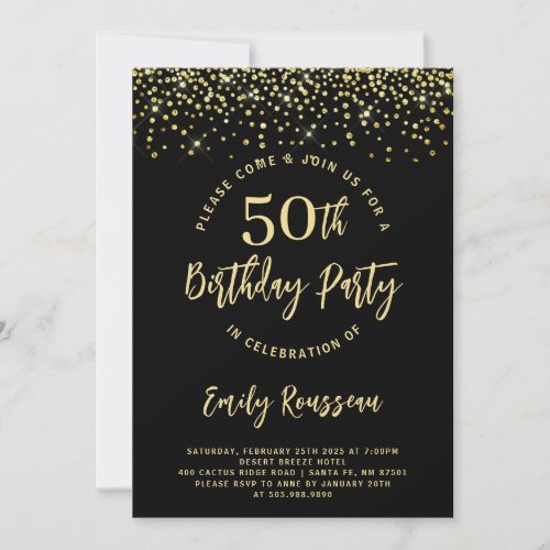50th Birthday Gold Glitter Confetti Black Invitation