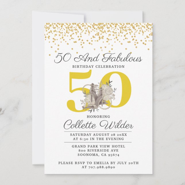 50th Birthday Gold Glitter Confetti Black  Invitation (Front)