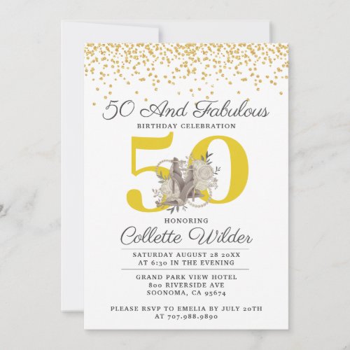 50th Birthday Gold Glitter Confetti Black  Invitation