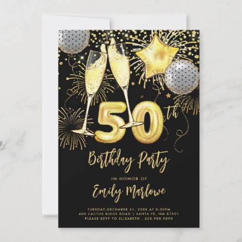 50th Birthday Gold Glitter Confetti Champagne  Invitation