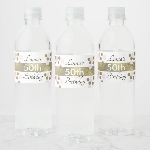 50th Birthday Gold Glitter Faux Pink Party Water Bottle Label
