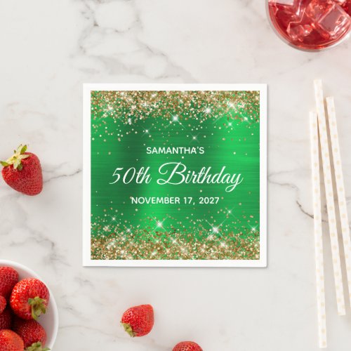 50th Birthday Gold Glitter Green Foil Napkins