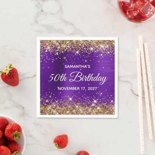 50th Birthday Gold Glitter Purple Foil Napkins
