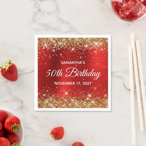50th Birthday Gold Glitter Red Foil Napkins