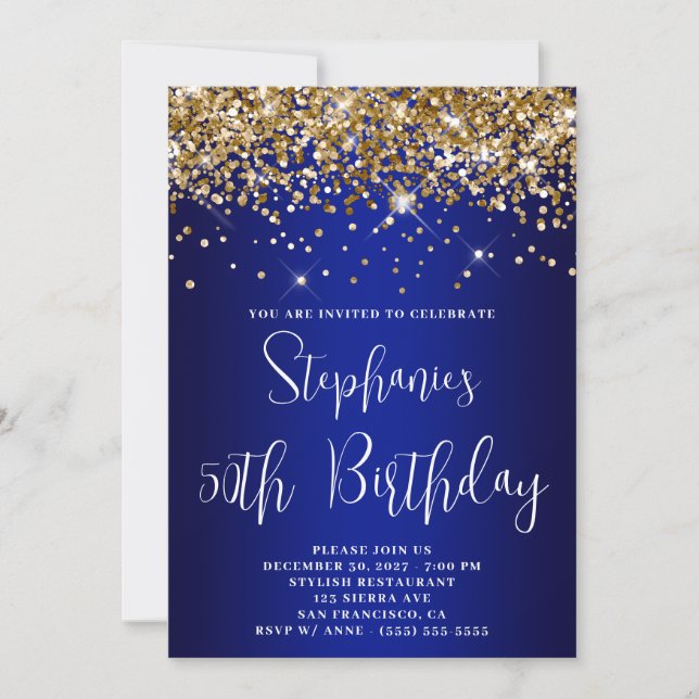 50th Birthday Gold Glitter Royal Blue Navy Ombre Invitation (Front)
