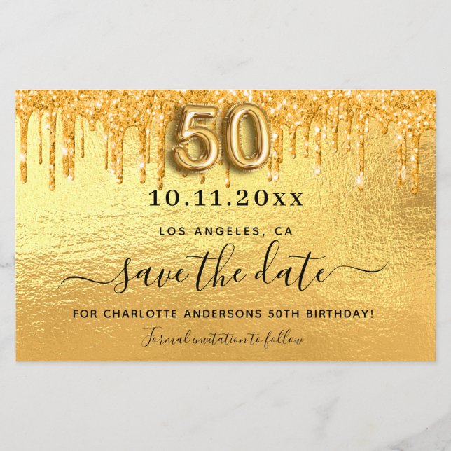 50th birthday gold glitter save the date card (Front)