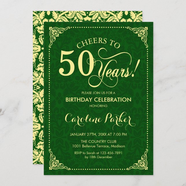 50th Birthday - Gold Green Damask Invitation (Front/Back)