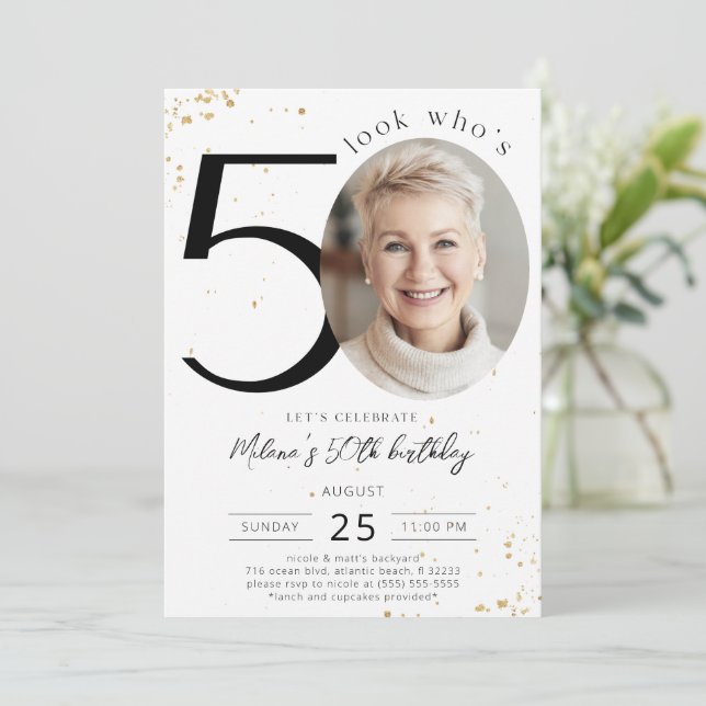 50th Birthday Gold Invitation with Photo (Standing Front)
