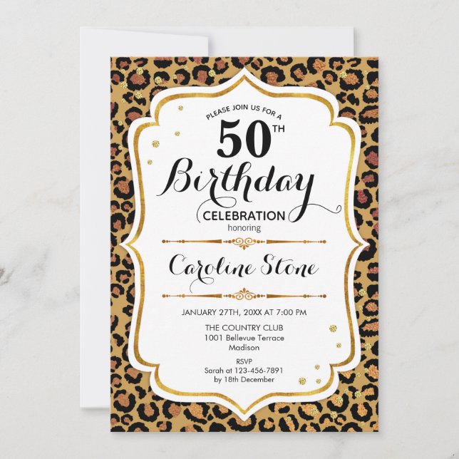 50th Birthday - Gold Leopard Print Invitation (Front)