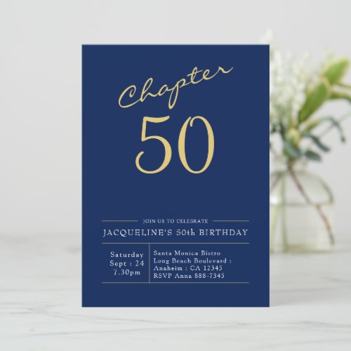 50th Birthday Gold Modern Script Blue Invitation