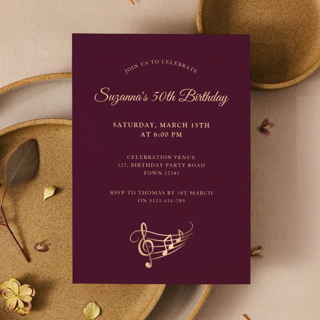 50th Birthday Gold Music Notes Elegant Invitation (Creator Uploaded)
