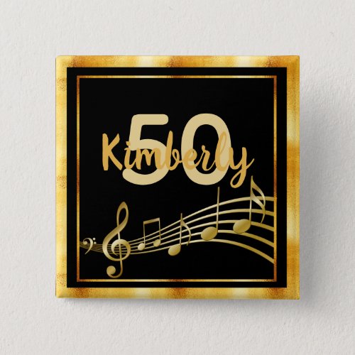 50th birthday gold music notes on chic black button