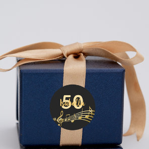 50th birthday gold music notes on elegant black classic round sticker