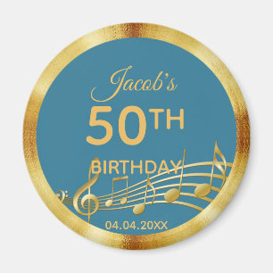 50th birthday gold music notes on teal blue green magnet