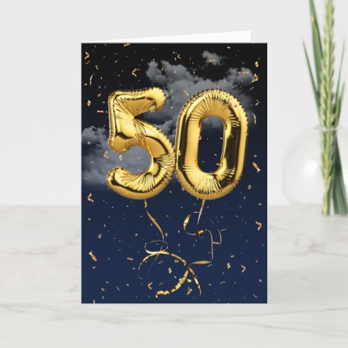 50th Birthday Gold Mylar Balloon and Confetti Card