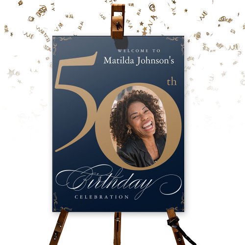 50th Birthday Gold Navy Blue Elegant Welcome Sign