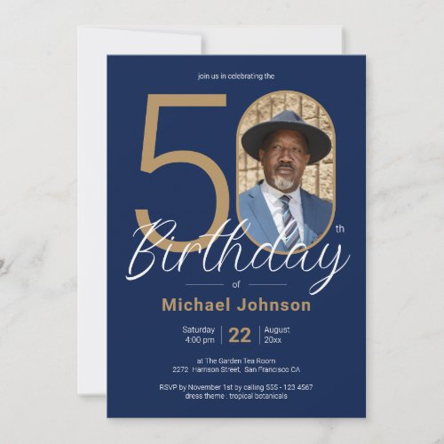 50th Birthday Gold Navy Blue Simple Custom Photo Invitation