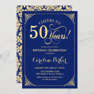 50th Birthday - Gold Navy Damask Invitation